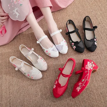 Maogu Plasă 2023 Nou Chinezesc Etnice Broderie Scăzut Pantofi cu Toc pentru Femei Mare de sex Feminin a Subliniat Dans Pantofi pentru Femei Negru Sandale Rosii