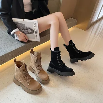 Toamna Noua Platforma Pantofi pentru Femei de Moda de Iarna Plus Catifea Dantela-Up a Crescut Femei Ghete Femei Casual Pantofi de Mers pe jos