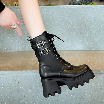 Pantofi pentru femei pe Vânzare 2023 de Iarnă de Înaltă Calitate cu Fermoar Solid Cizme Moderne Pu Lace Up Cap Rotund Punk cu Toc Înalt Cizme pentru Femei