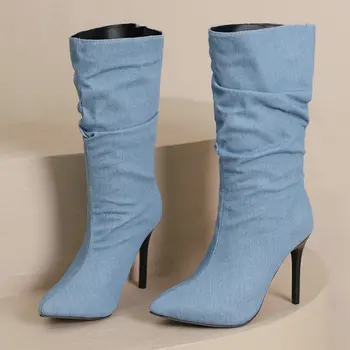 Blugi Denim Albastru Negru a Subliniat Toe Stilet de Iarnă Pantofi cu Tocuri Super-Subtire cu Toc de la Jumătatea vițel Cizme Plisate Femei Dimensiunea 34-48