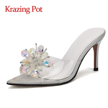 Krazing oală subliniat de la picior toc subțire de mare de mare de moda flori de cristal stil Printesa destul de equins aluneca pe catâri sandale femei L01