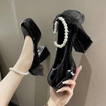 Pantofi pentru Femei 2023 Moda Mary Janes Femei pe Tocuri Înalte de Primăvară Rotund Toe de Înaltă Calitate Pearl Pantofi Doamnelor Zapatos Mujer