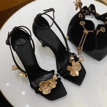 Golden Orchid Franceză Stilet Tocuri Banchet Strappy Deschide Square Toe Sandale Negre Pantofi Femei Sandalias Mujer Verano