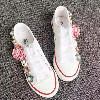 Stras floare pearl handmade personalizate panza pantofi Dantelă dantelă-up de Primăvară și de toamnă adidasi casual pentru femei de mari dimensiuni 35-44