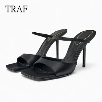 TRAF Negru cu Toc Înalt Sandale Femei 2023 Nou Tocuri inalte Sexy Sandale Petrecere Deget de la picior Toc Bloc Sandale Elegante Femei Pantofi cu Toc