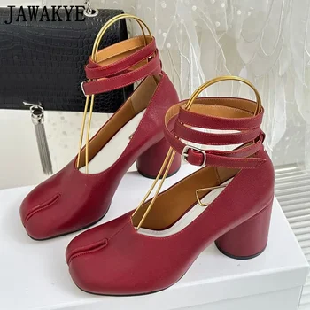 Red Piele naturala Split Toe Tabi Glezna Pantofi Strappy Mary Janes Femei Epocă Tocuri Înalte de Moda de Brand Doamnelor Pompe