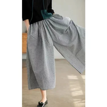 Femei Bumbac Bumbac Cu Carouri Pantaloni Largi Doamnă Japoneză Supradimensionat Dimensiune Mare Libertate De Talie Mare Vițel Lungime Pantaloni Pantaloni Pantaloni