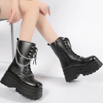 Nouă Femei Pantofi Platforma 2023 Modă Plus Dimensiune Deget de la picior Pătrat Lanț de Metal cu Fermoar Glezna Cizme pentru Femei de Iarnă Indesata Toc Pantofi