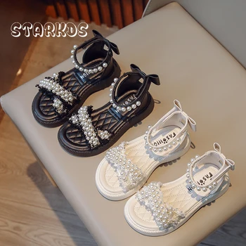 Elegant Pearl Sandale Fete de Moda de Vară Petrecere de Nunta Pantofi Copii Mari Gros de Plat Unic Design Curea Sandalias cu Papion