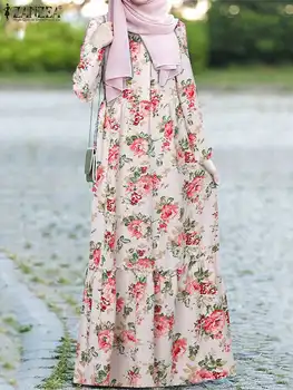 Femei Florale Imprimate Rochie Musllim Abaya Maneca Lunga Maxi Sundress ZANZEA Boem Vestidos de Partid Halat Casual, Rochii de Vacanță