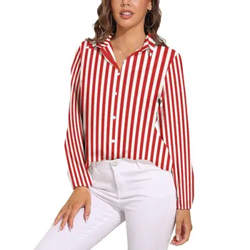 Verticală Roșie, Bluză Albă Cu Dungi Loose Linii De Imprimare De Moda De Stradă Supradimensionate Bluze Femei Cu Maneci Lungi La Modă Tricouri Grafice De Top