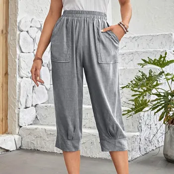 Pantaloni pentru femei de Primavara Si de Vara Noi Femei, Plus Buzunare Culoare Solidă Bumbac Confortabil Lenjerie Casual Pantaloni Drepte
