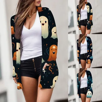 Femei Halloween Print Digital Cu Buzunar Maneca Lunga Moda Cardigan Strat Overshirt Combinezon de Lucru Poarte Blusas Casual