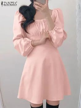ZANZEA Femei a-line Rochii Mini Elegante, Talie Subțire Moda coreeană Petrecere Scurt Vestidos Manșon de Puf s-au Adunat Square Neck Dress
