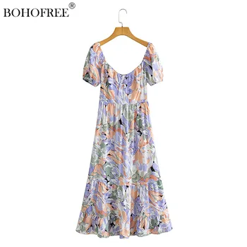 Bohemia Noua Moda pentru Femei Maneci Scurte Mov Imprimate Dress Bohemia Imprimate Dress