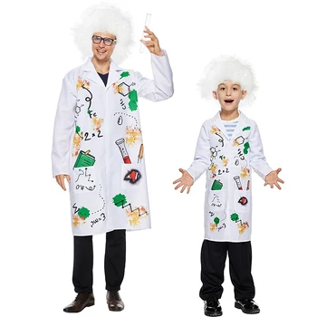 Unisex Copil Halat cu Peruca Fantezie Rochie de Până În 2023 Adult om de Știință Nebun Costum Pentru Carnaval Petrecere de Familie
