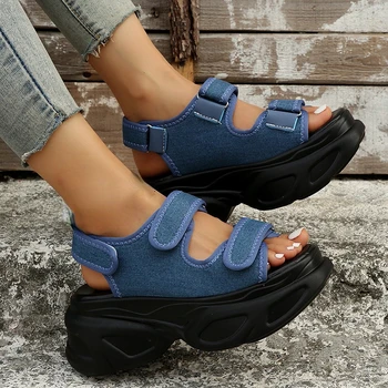 2023 Vara Noua Moda Albastru Talpă Groasă Crescute Sandale Casual Respirabil Mare Plaja Pantofi Plat pentru Femei 35-42