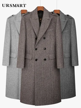 Clasic herringbone model ultra lungă haină de lână pentru bărbați cu dublu rânduri de moda Britanic îngroșat în jos jacheta pentru barbati