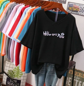 Femei Bumbac T-Shirt Short Sleeve V-Neck Loose Vara Casual stil coreean scrisoare Tricou Doamnelor Moda Tricou Topuri Haine