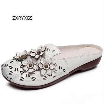 ZXRYXGS 2023 Clasic de Vară de Flori Rotund Deget de la picior Gol Piele naturala Papuci de Moda pentru Femei Sandale Plate în aer liber Purta Papuci