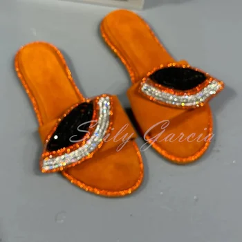 Orange Seude Stras Papuci Femei Rotund Deget De La Picior Cristal Multicolor Superficial Plat Catâri În Afara Pantofi De Plaja Custome Culoare