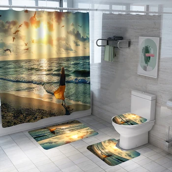 3D Imprimate Plaja Perdea de Duș Set Impermeabil Lavabil din Poliester Perdea de Baie Anti-alunecare Covoare Capacul de Toaletă Covoraș de Baie Set