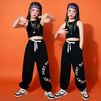 Copii Kpop Hip Hop Îmbrăcăminte Culturilor Rezervor Topuri Vesta Casual Negru Streetwear Pantaloni De Trening Pentru Fete De Jazz Dans Spectacol Costum De Haine