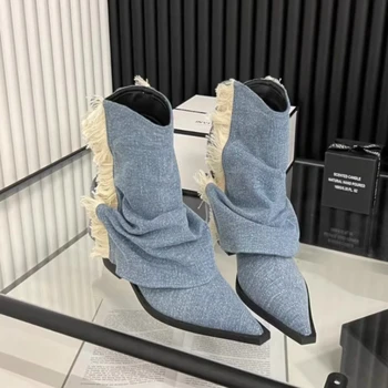 2023 Noi Femei Pantofi Toc Pătrat a Arătat Moda Cizme pentru Femei cu Maneci din Denim Mediu cu Toc pentru Femei BootsBotas De Mujer
