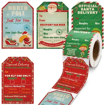 200pcs Tag-uri Cadou pentru Vacanță de Crăciun Etichete autoadezive Autocolante de Crăciun Perforate Moș Crăciun Carduri Cadou Decor