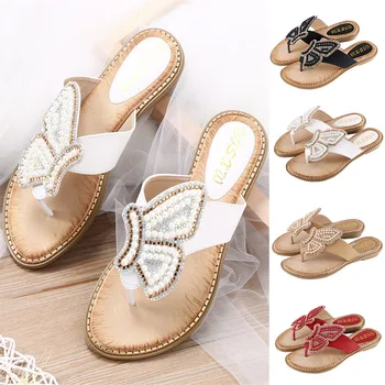 Brand Papuci Femei 2024 Vara Noi Stras Pearl Fluture Decorativ Pantofi Purta Sandale de Plajă de Mari Dimensiuni Flip Flops