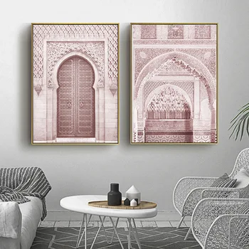 Nordic Roz Europene Clădire în Stil Poarta Panza Pictura Moscheea Roz Floare Imagine Postere si Printuri pentru Living Decorul Camerei