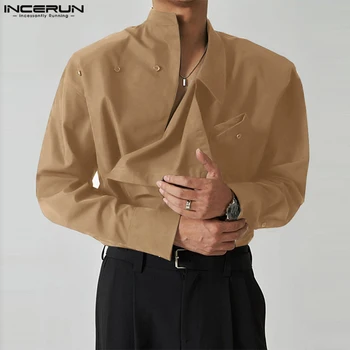 INCERUN 2023 Bărbați Neregulate Shirt Stand de Guler Culoare Solidă Vrac Maneca Lunga Casual Barbati Haine de Moda Streetwear Camasi Masculine