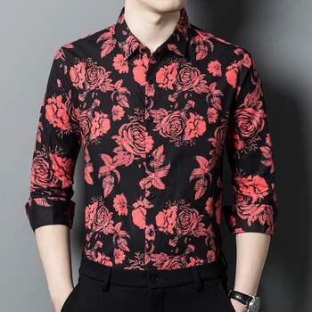Roșu Florale de Imprimare 3D Bumbac Casual Domn Maneca Lunga Barbati Tricou Primăvară Nouă Calitate Confortabil Moale Plus Dimensiune Camisa Masculina