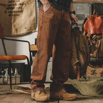 Toamna Bărbați Supradimensionate American Maillard Blugi Retro Vintage Vrac Montarea Picior Drept Dublu Genunchi Lucru de Logare Pantaloni Denim