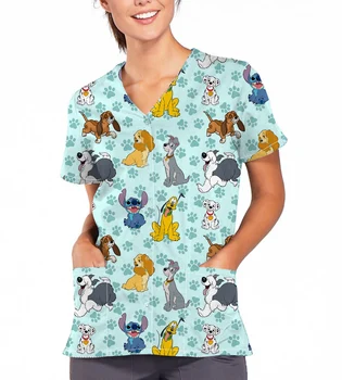 Spitalul de femei de Îmbrăcăminte Print V-Neck Imprimare Scrub de Sus Desene animate Disney Animal Buzunar Laborator Nursing Îmbrăcăminte Haina de Sus