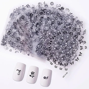 30 de Coli Design Aleatoriu Negru Flori 3D Unghii Autocolant Transparent partea de Jos Negru Floare Serie de Unghii Farmece Slider Decorare Autocolant