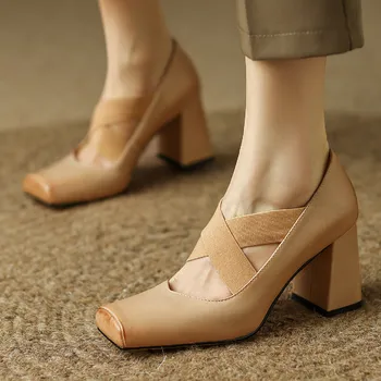 Femei din piele toc gros square toe slip-on pompe OL stil elegant doamnelor moale confortabil de zi cu zi rochie pantofi de vânzare