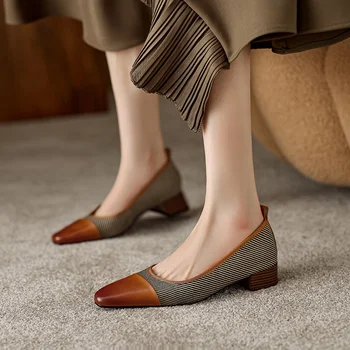Noi Stambă Pompe De Piele De Moda Pentru Femei Pantofi Deget De La Picior Pătrat Pantofi De Femeie Nud Pompe Tocuri Inalte Petrecere De Birou De Bază Pantofi De Damă