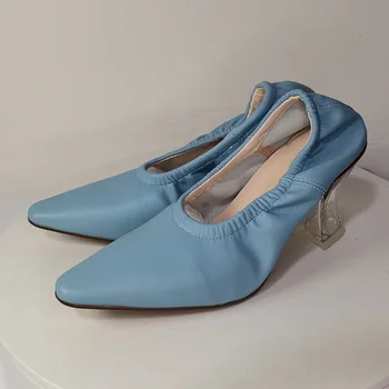2024 noi Femeile Pompe de pantofi de piele naturala Plus dimensiune 22-26.5 cm lungime Moale piele de oaie cap pătrat cristal toc femei pantofi