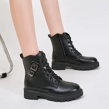 2023 Doamnelor Pantofi Glezna Cizme pentru Femei Cald Cizme Moderne Femei Înainte de Dantelă-Up cu Fermoar Lateral Rotund Toe Catarama Toc Pătrat Pantofi de sex Feminin
