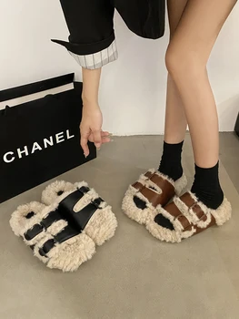 Papuci de casa Pantofi Platforma Blană papuci de Lux Diapozitive Slipers Femei Med Plush Designer Plat 2023 PU cu blana de Cauciuc Scurte
