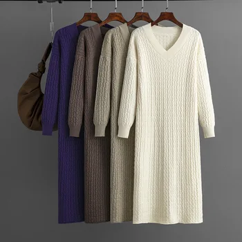 Mid-lungime de toamnă și de iarnă tricotate rochie pentru femei 2023 noi V-neck poftă de mâncare bottom pulover fusta cu slit la spate