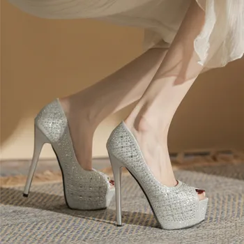 14CM Stras Stilet Tocuri inalte Sexy Platforma Peep Toe Pantofi Singur Petrecere Elegantă, Pantofi de Bal Nunta de Argint Pantofi Marimea 32 33