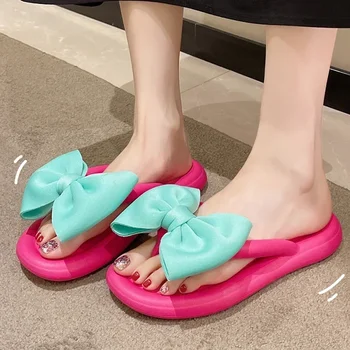 Coreeană Slik Papion Flip Flops De Sex Feminin Talpă Moale Nor Papuci De Pantofi De Femeie 2023 Vara Platforma Tocuri Plat Sandale Femei Slide-Uri