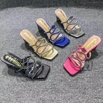 Stras Papuci de Vară Gol Pătrat Tocuri Sandale Sexy Petrecerea de Crăciun de Pantofi Plus Dimensiune Square Toe Pantofi pentru Femei