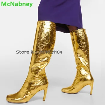 Deget de la picior pătrat de Aur/argint Cizme Pentru Femei 2023 Noi Toc Subțire de Mare cu Fermoar Spate Genunchi-mare, Solid Pista Elegant All-meci Pantofi