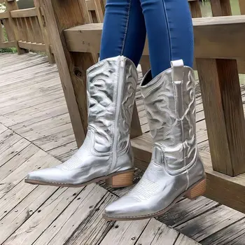 TOPHQWS Epocă de Vest Cizme de Cowboy pentru Femei de Iarnă 2023 Indesata Toc Pantofi de Înaltă Calitate din Piele PU Subliniat Deget de la Jumătatea Vițel Cizme