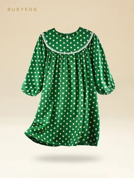 Verde vintage polka dot imprimate naturală a copiilor de mătase cămașă de noapte fete adevărată cămașă de noapte de mătase jumătate maneca copii vara homewear