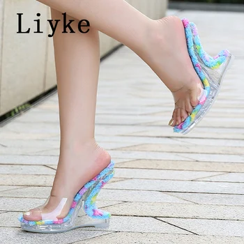 Liyke Nou Stil Chic Pană Tocuri de 12CM Papuci Femei Confortabil Scurt de Pluș Tălpi interioare Transparente Sandale de Vara, sandale Pantofi