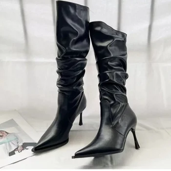 Pantofi pentru femei 2023 Înaltă Calitate Slip-on Cizme pentru Femei de Moda Cutat Birou și Cariera Sexy Degetul Ascutit Genunchi-Cizme Înalte Zapatos